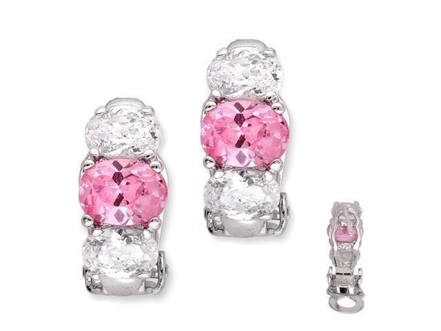 CZ Collections EAR1251R Trio ProngSet Oval C.Z. Ruby Diamond Silver Clip With Post Earrings