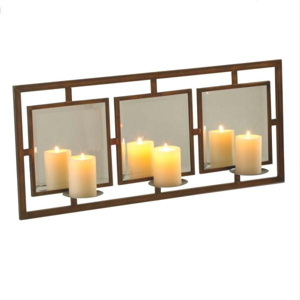 DCBK 238882 33 in. Framed Beveled Mirrored Triple Pillar Candle Holder Wall Sconce