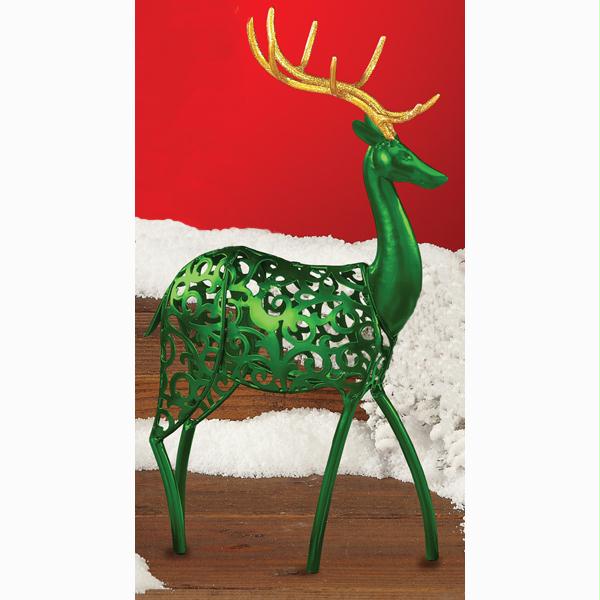 DECB DFA1562 Pack of 2 Small Green Reindeer Christmas Figures with Gold Glitter 