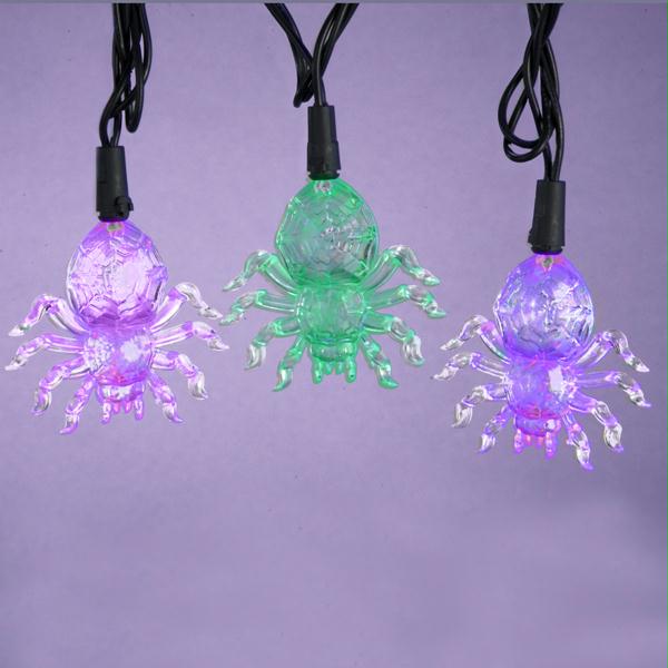 DKSA HW1373 Set of 10 Spooky Halloween Green and Purple LED Spider Lights