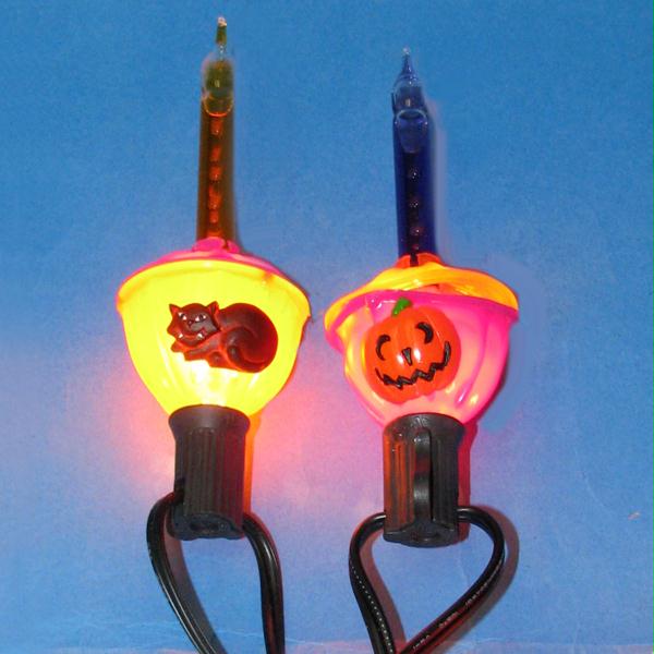 DKSA HW1378 Set of 7 Orange Halloween Cat and Pumpkin Bubble Lights  Black Wire