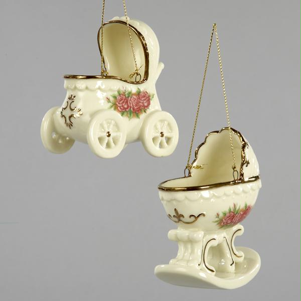 DKSA J0720 Club Pack of 12 Vintage Ivory with Rose Baby Carriage Christmas Ornam