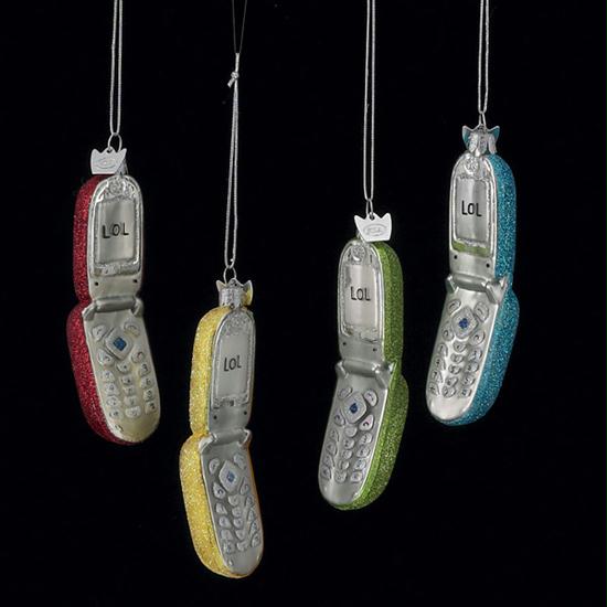 DKSA NB0234 Pack of 8 Tween Christmas Glitter Cell Phone Hand Blown Glass Orname