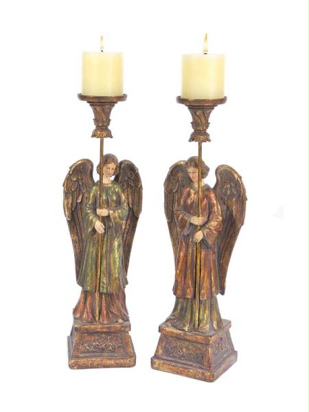DMEL 32459 Set of 2 Cognac Library Antique Gold Angel Christmas Candle Piller Ho