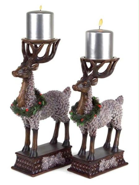 DMEL 36543 Set of 2 Natures Glow Pine Cone Reindeer Christmas Pillar Candle Holders