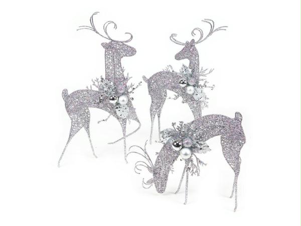 DMEL 41146 Set of 3 Silver Glitter Reindeer Figures with Christmas Ornament Acce