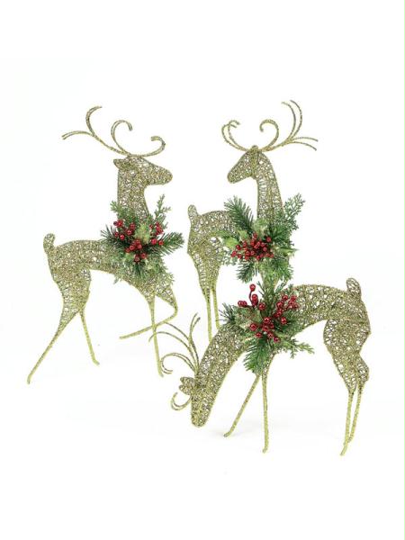 DMEL 41147 Set of 3 Christmas Whimsy Reindeer Figures with Glitter Berries  Holl