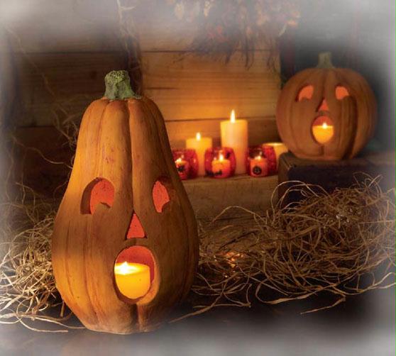 DMEL 41163 Set of 2 Halloween Orange Jack O Lantern Pumpkin Candle Holders 14 in