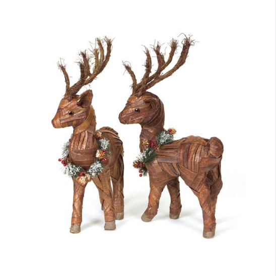 DMEL 44068 Set of 2 Modern Lodge Rattan Reindeer Wearing Wreaths Christmas Figur