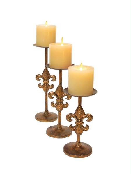 DMEL 44820 Set of 6 Rich Plum Antique Gold FleurDeLis Pillar Candle Holders 8 in