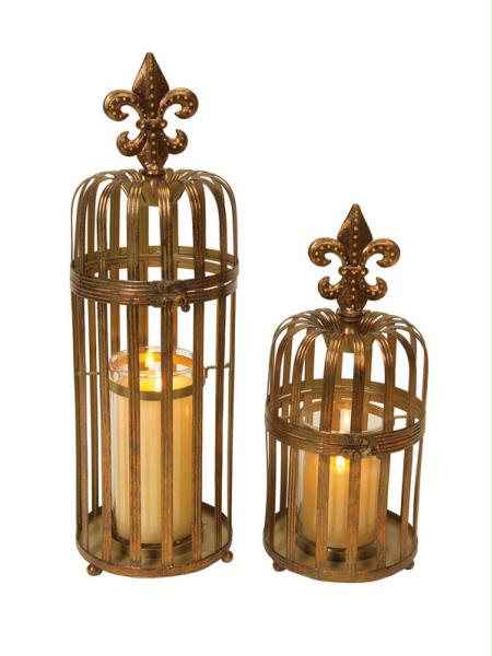 DMEL 44821 2 Rich Plum Antique Gold FleurDeLis Birdcage Pillar Candle Holders 13