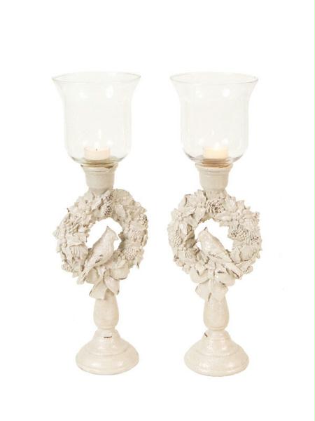 DMEL 45252 Set of 2 Winter Solace Bird in a Christmas Wreath Glass Candle Holder 18 in.