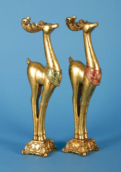 LYNN ROBERTS 107237 Set of 2 Regal Metallic Gold Standing Reindeer on Pedestal C