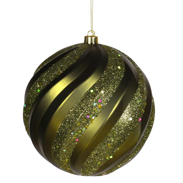 VCO M112013 Olive Matte and Glitter Swirl Shatterproof Christmas Ball Ornament 6 in.  150mm