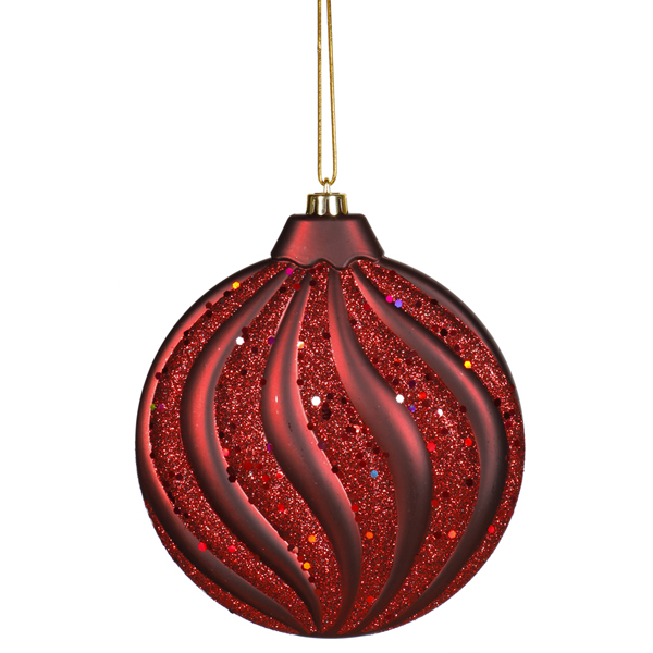 VCO M112305 Burgundy Matte and Glitter Swirl Shatterproof Christmas Disc Ornament 6 in.  150mm