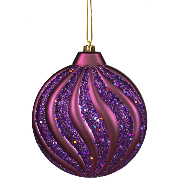 VCO M112326 Plum Matte and Glitter Swirl Shatterproof Christmas Disc Ornament 6 in.  150mm