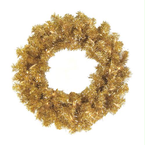 VICKERMAN B104125 24 in. PreLit Antique Gold Tinsel Artificial Christmas Wreath 