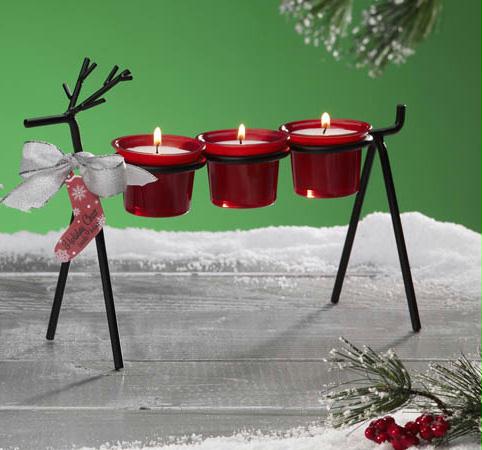 DECB HOL0747 Pack of 4 Peppermint Reindeer Christmas Votive Holders with Candles