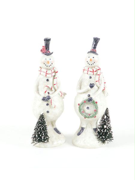 DMEL 40553 Pack of 4 Eco Country Glitter Christmas Snowmen Candy CaneWreath Figures 11 in.