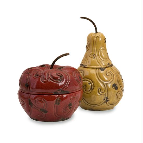 IMAX 501982 Set of 2 Distressed Crackle Finish Ceramic Apple and Pear Trinket Bo