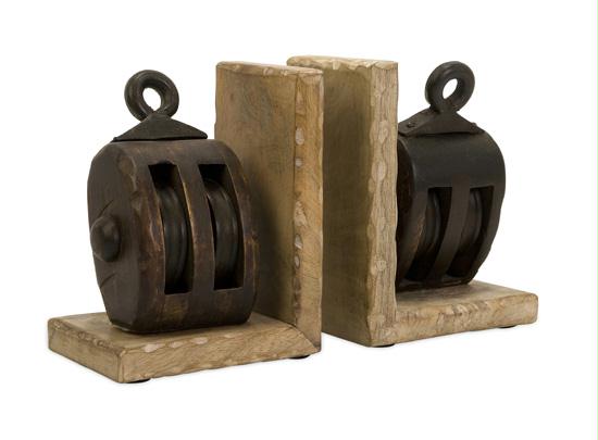 IMAX 73015 Beautiful Vintage Look Set of Rustic Wooden Pulley Bookends 7 in.
