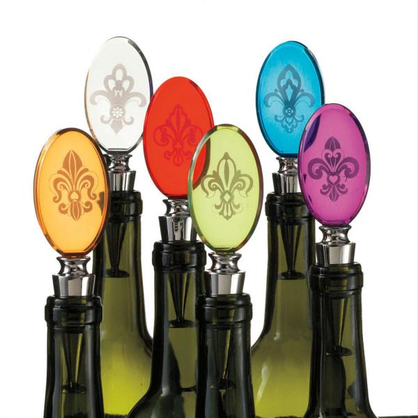 DCBK 238141 Set of 6 FleurdeLis MultiColored Etched Glass Wine Bottle Stoppers