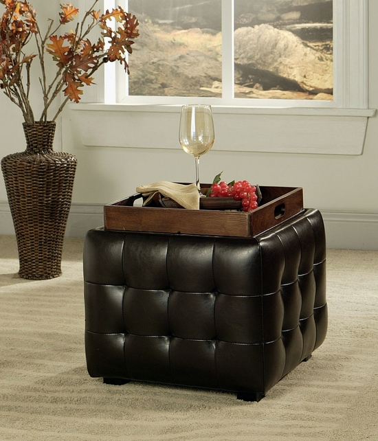 Stanton HSOT028BRN Bicast Tufted Leather Ottoman with TrayBurgundy