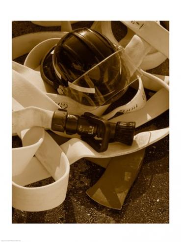 Close-up Of A Firefighter's Helmet On A Fire Hose -18 X 24- Poster Print