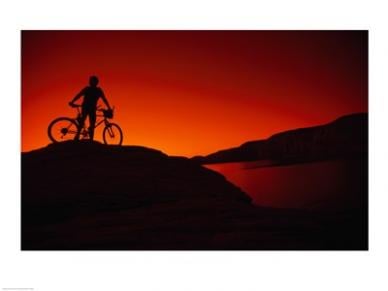 Silhouette Of A Man Standing With His Mountain Bike Lake Powell Utah Usa -24 X 18- Poster Print