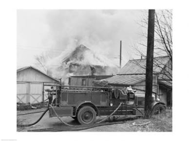 Fire Engine Next To Home In Fire -24 X 18- Poster Print