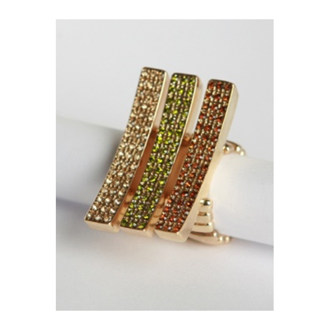Zirconmania 610r-15008pdch3 Goldtone Pave Clear Topaz And Green Crystal Elongated Bar Stretch Rings -set Of 3