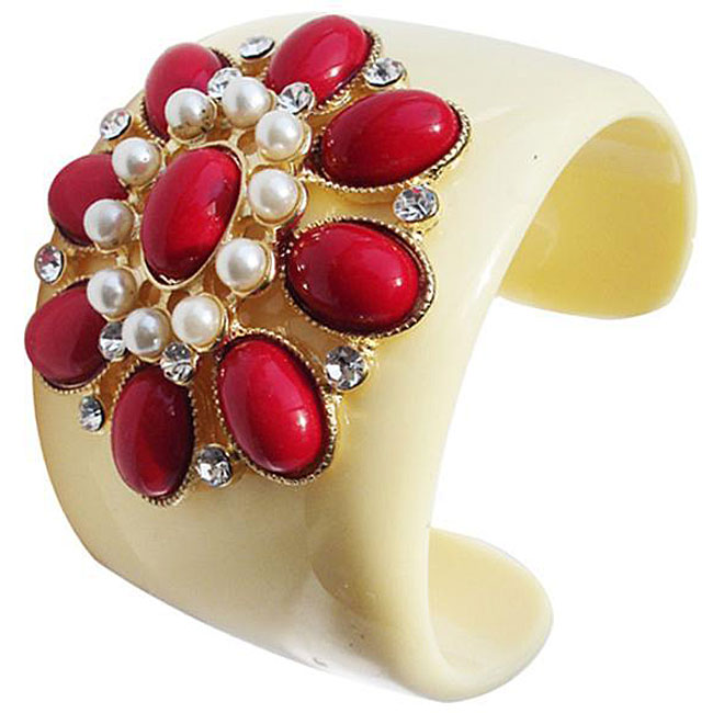 Zircomania 633b-3297rd Resin Red Coral Cabochon And Faux Pearl Flower Cuff Bangle