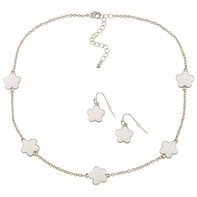 Zirconmania 610s-255wt-16r Silvertone White Enamel Daisy Necklace And Earring Set -16 Inches