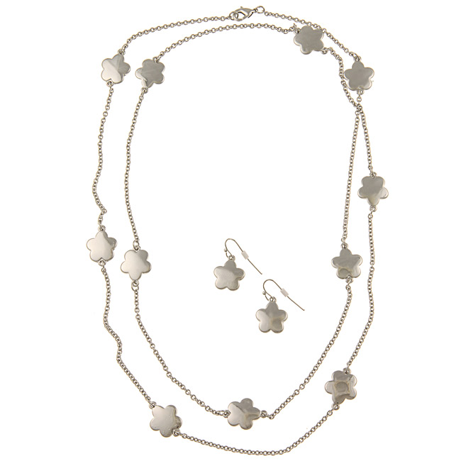 Zirconmania 610b-256xr Silvertone Mirror Polish Daisy Necklace And Earring Set