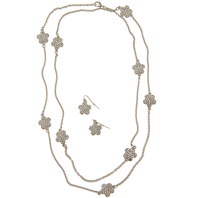 Zirconmania 610b-256xxr Silvertone Pave Crystal Daisy Necklace And Earring Set