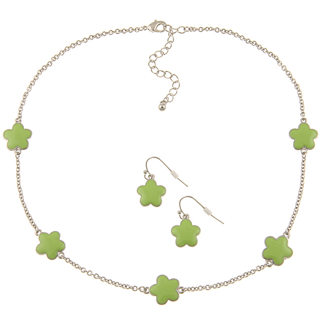 Zirconmania 610s-255lg-16r Silvertone Green Enamel Daisy Necklace And Earring Set -16 Inches