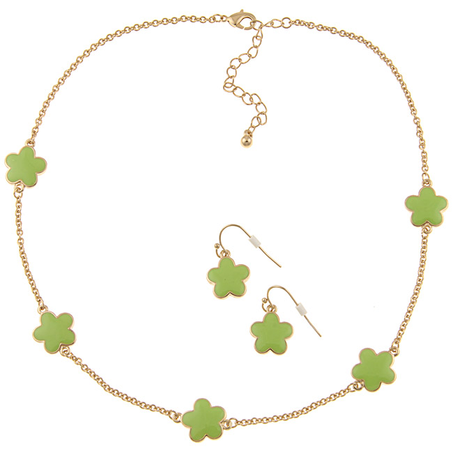 Zirconmania 610s-255lg-16g Goldtone Green Enamel Daisy Necklace And Earring Set -16 Inches