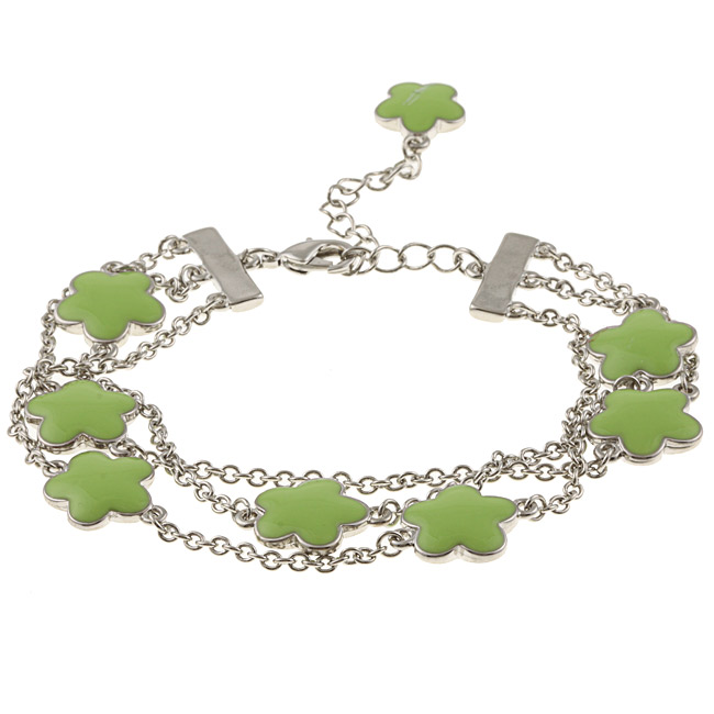 Zirconmania 610b-2568lg-r Silvertone Green Enamel Three Strand Bracelet