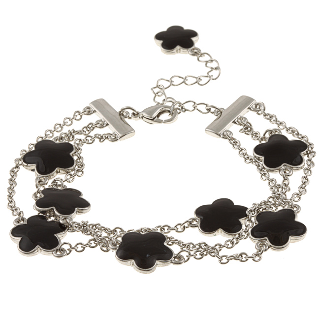 Zirconmania 610b-2568-bk-r Silvertone Black Enamel Three Strand Bracelet