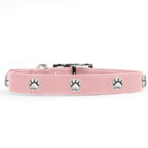 Rockinft Doggie 844587018467 .5 In. X 12 In. Leather Collar With Paw Rivets - Pink