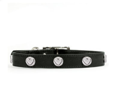 Rockinft Doggie 844587019037 1 In. X 16 In. Leather Collar With Heart Rivets - Black