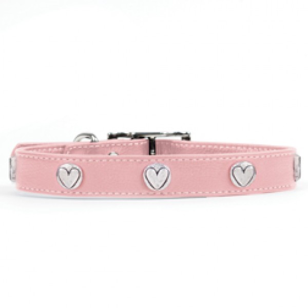 Rockinft Doggie 844587019204 .5 In. X 8 In. Leather Collar With Heart Rivets - Pink