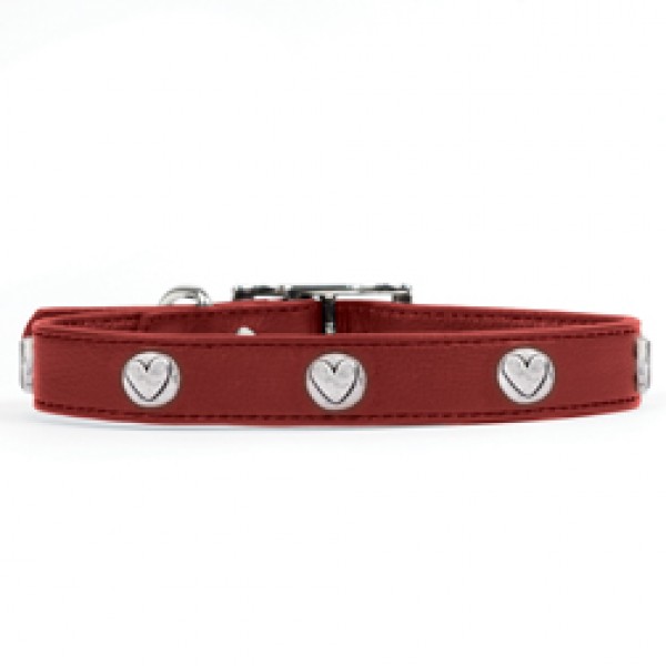 Rockinft Doggie 844587019327 .5 In. X 8 In. Leather Collar With Heart Rivets - Red