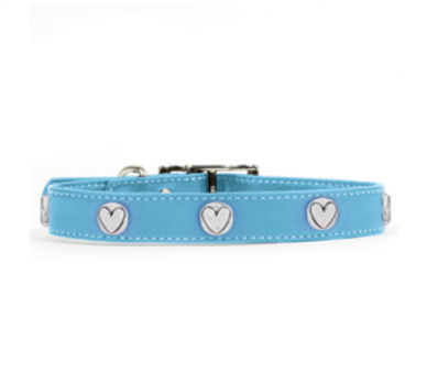 Rockinft Doggie 844587019440 .5 In. X 8 In. Leather Collar With Heart Rivets - Blue