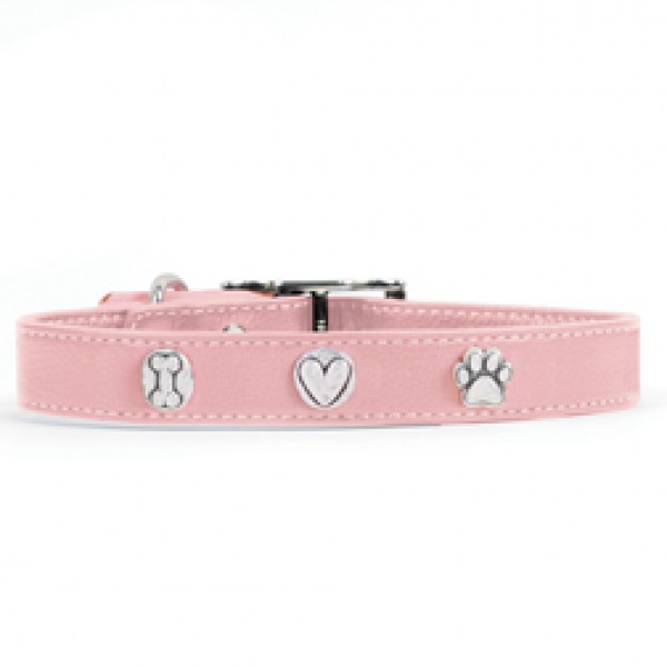 Rockinft Doggie 844587020729 1 In. X 18 In. Leather Collar With Bone-heart-paw Rivets - Pink