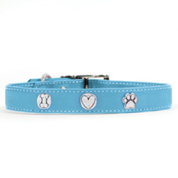 Rockinft Doggie 844587020910 .75 In. X 12 In. Leather Collar With Bone-heart-paw Rivets - Blue