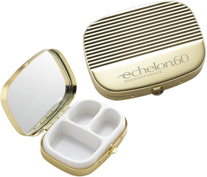 Shiny Gold Ribbed Cover With 3 Compartment Pill Box And Mirror