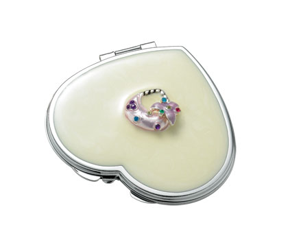 M-42 Pearl Heart Iron Compact Mirror With Purse Ornaments And Epoxy Top