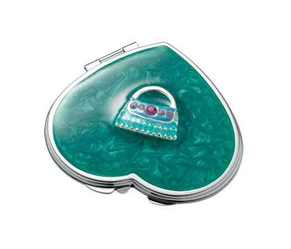 M-45 Green Heart Iron Compact Mirror With Purse Ornaments And Epoxy Top
