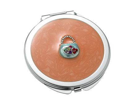 Orange Round Iron Compact Mirror With Purse Ornament And Epoxy Top